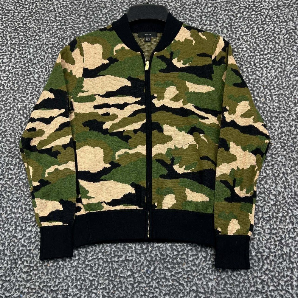 J.Crew Women XXS Camo Bomber Jacket Full Zip Merino Wool Blend Cotton 2XS